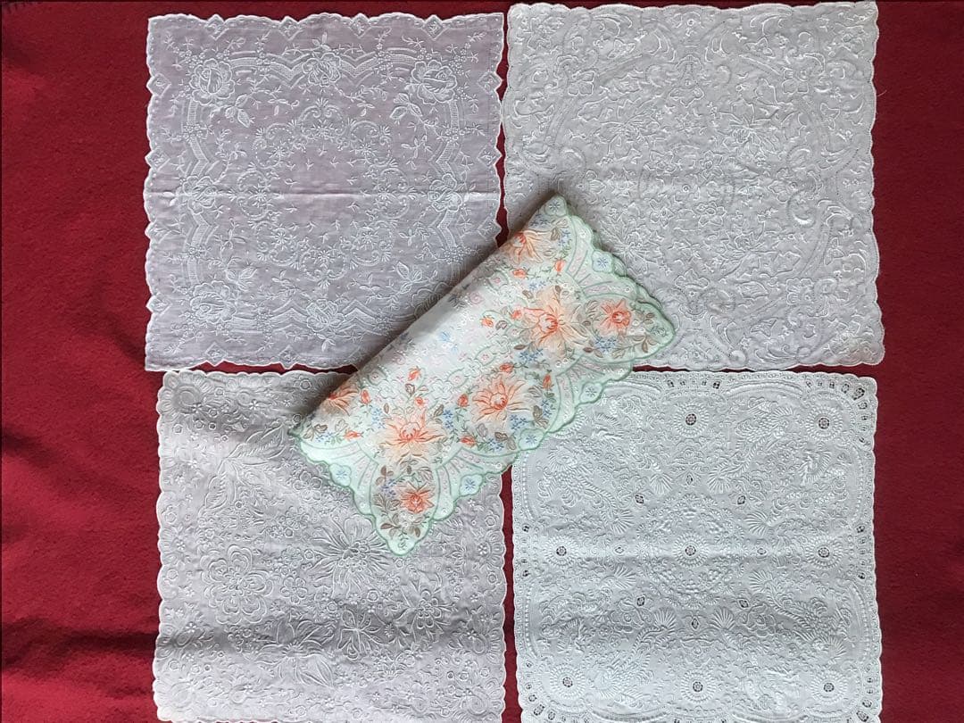 汕頭 刺繍とレースのホワイト、多色 ハンカチセット スワトウ 5枚