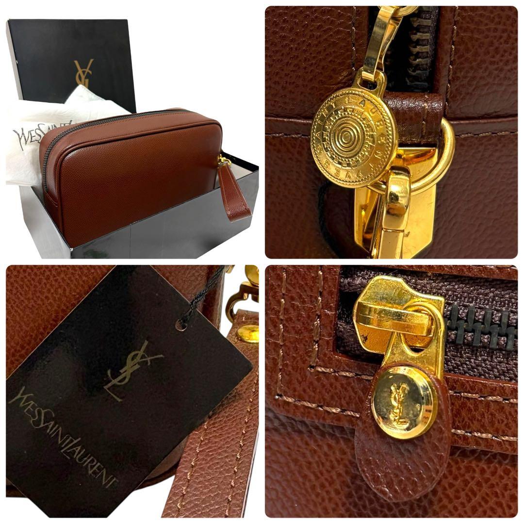 【未使用級✨】イヴサンローラン クラッチバッグ レザー 茶色 箱袋カード付
