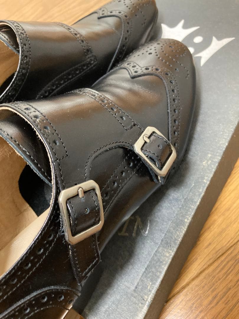 BONTRE ダブルモンクストラップウイングチップ メダリオンシューズ黒本革37