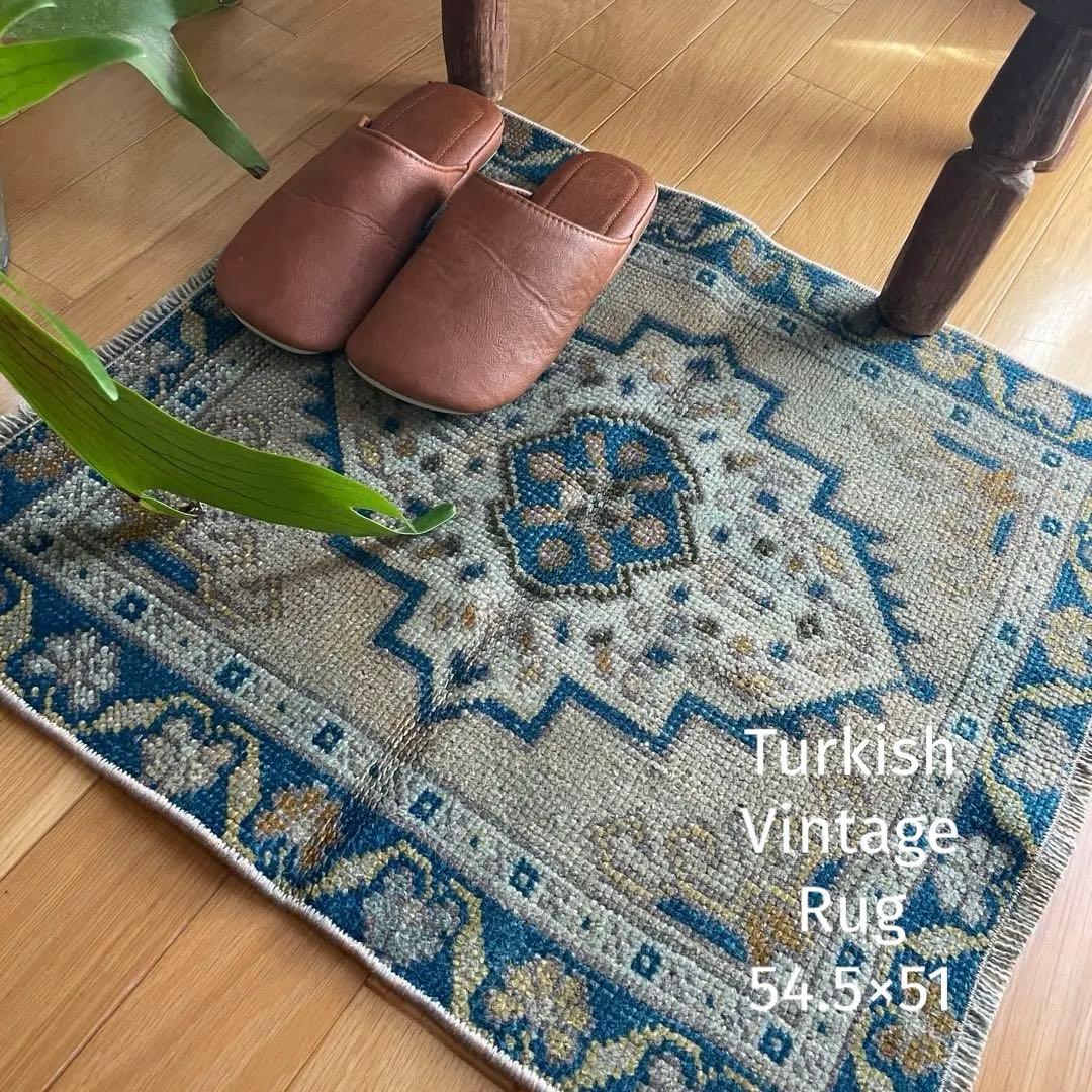 54×51㎝◇トルコヴィンテージラグ　ブラウン　ブルー　幾何学模様611