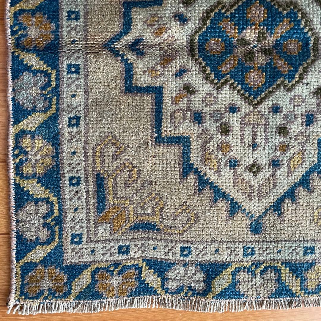 54×51㎝◇トルコヴィンテージラグ　ブラウン　ブルー　幾何学模様611