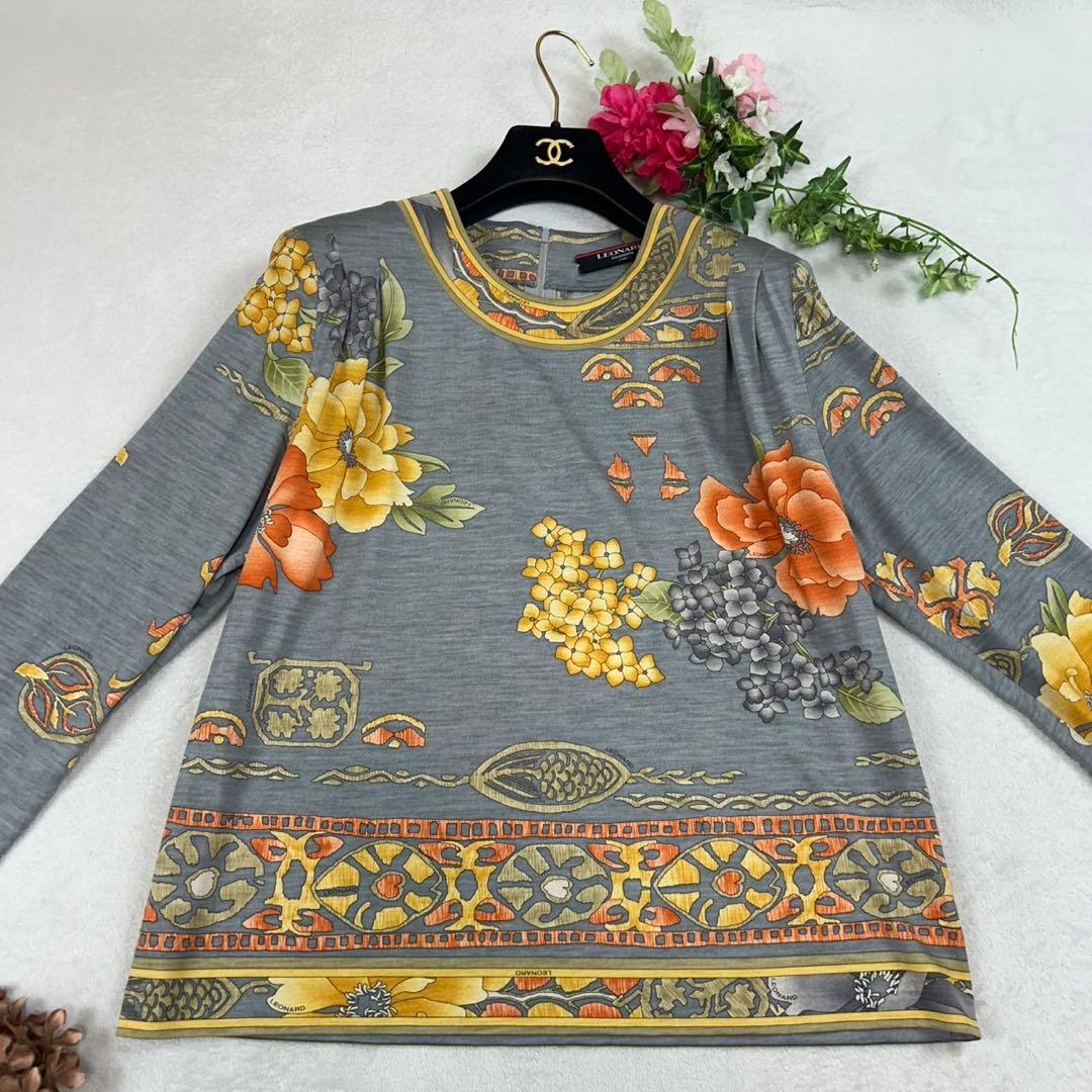 K676 XL レオナール シルク混 カットソー グレー オレンジ レディース