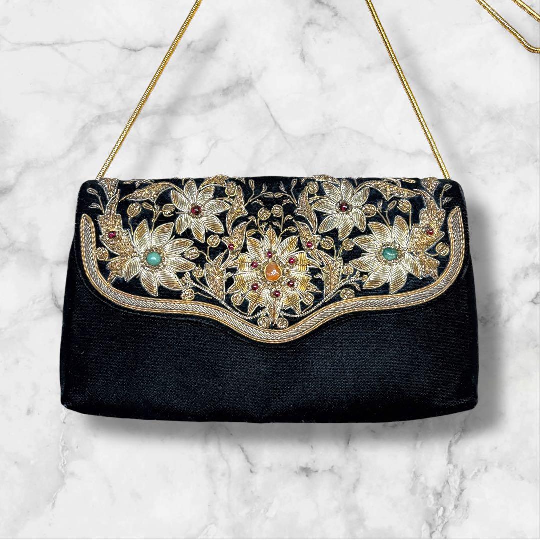 【極美品】皇室御用達 Lumyはしもと ビーズバッグ パーティー 刺繍 天然石
