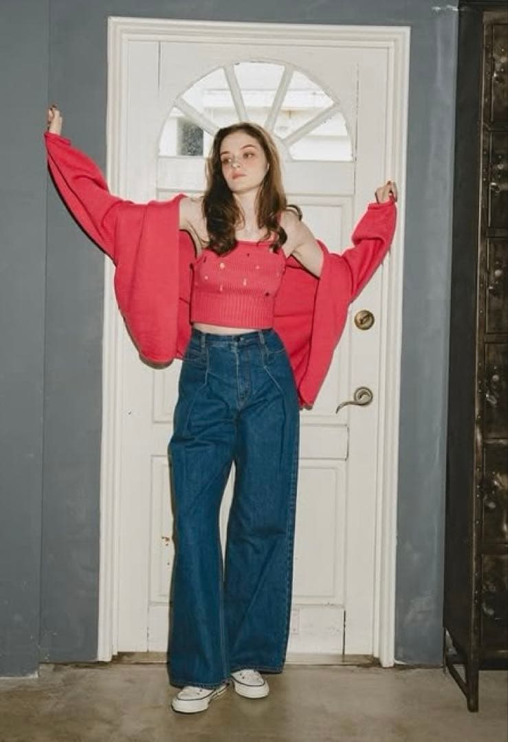 PINUE ハンドステッチニットキャミ&カーデセット　ピンク