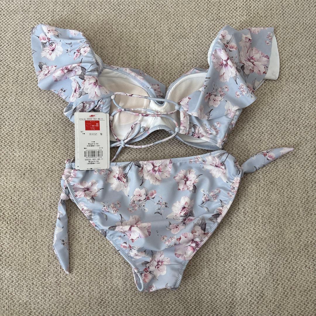 2025新作楽盛り水着 三愛 花柄フリル付き水色セパレート水着 ブルー Lサイズ