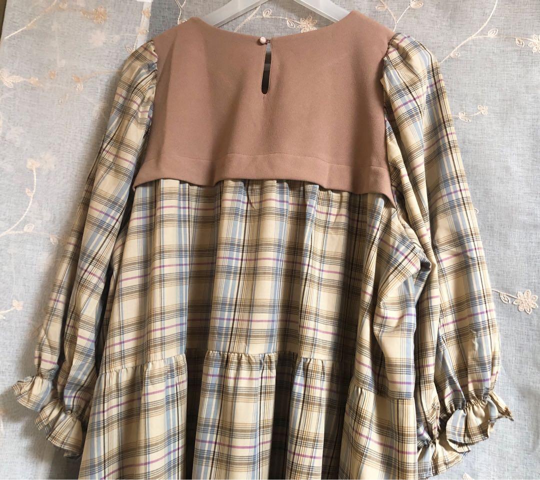 美品ローズティアラチェック切替ドッキングチュニックワンピ大きいサイズ46ベージュ