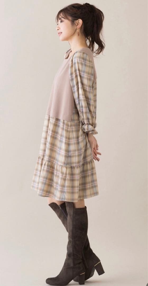 美品ローズティアラチェック切替ドッキングチュニックワンピ大きいサイズ46ベージュ