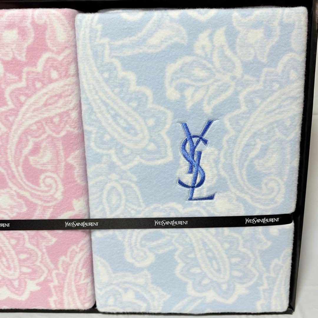 イヴ・サンローラン　綿毛布2P YSLロゴ　ペイズリー柄　ブルー　ピンク　ペア