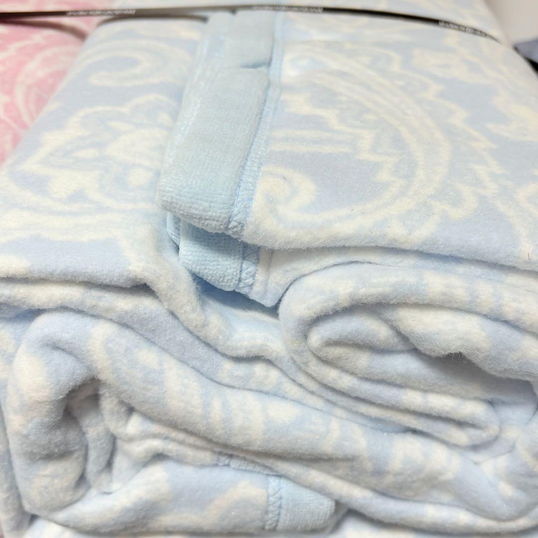 イヴ・サンローラン　綿毛布2P YSLロゴ　ペイズリー柄　ブルー　ピンク　ペア