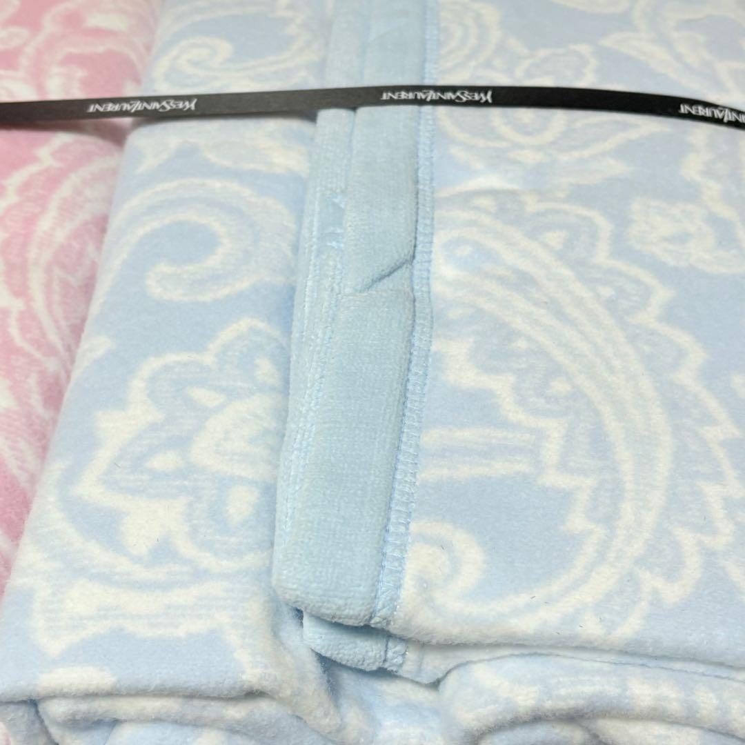 イヴ・サンローラン　綿毛布2P YSLロゴ　ペイズリー柄　ブルー　ピンク　ペア