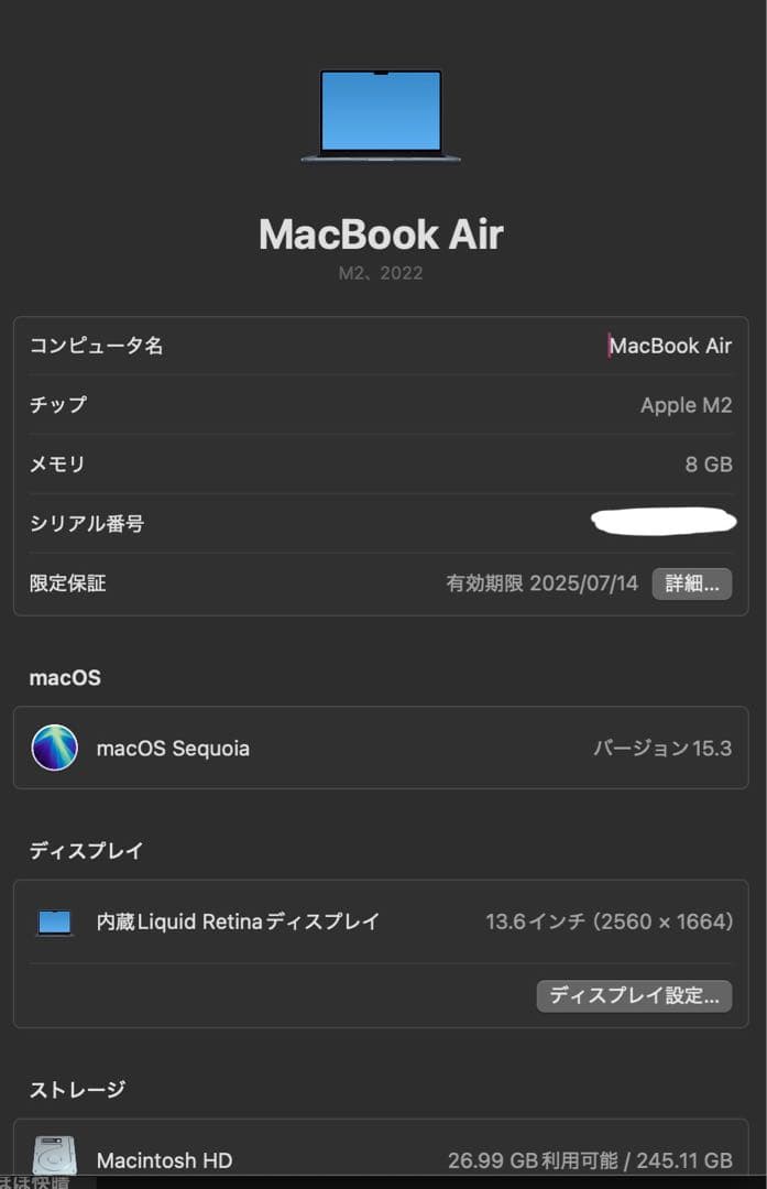 【バッテリー100%】M2 MacBookAir本体 【US配列】