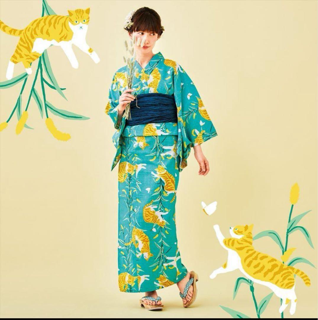 フェリシモ 猫部 浴衣 ねこじゃらしの草原で遊ぶ茶トラ猫とちょうちょの浴衣