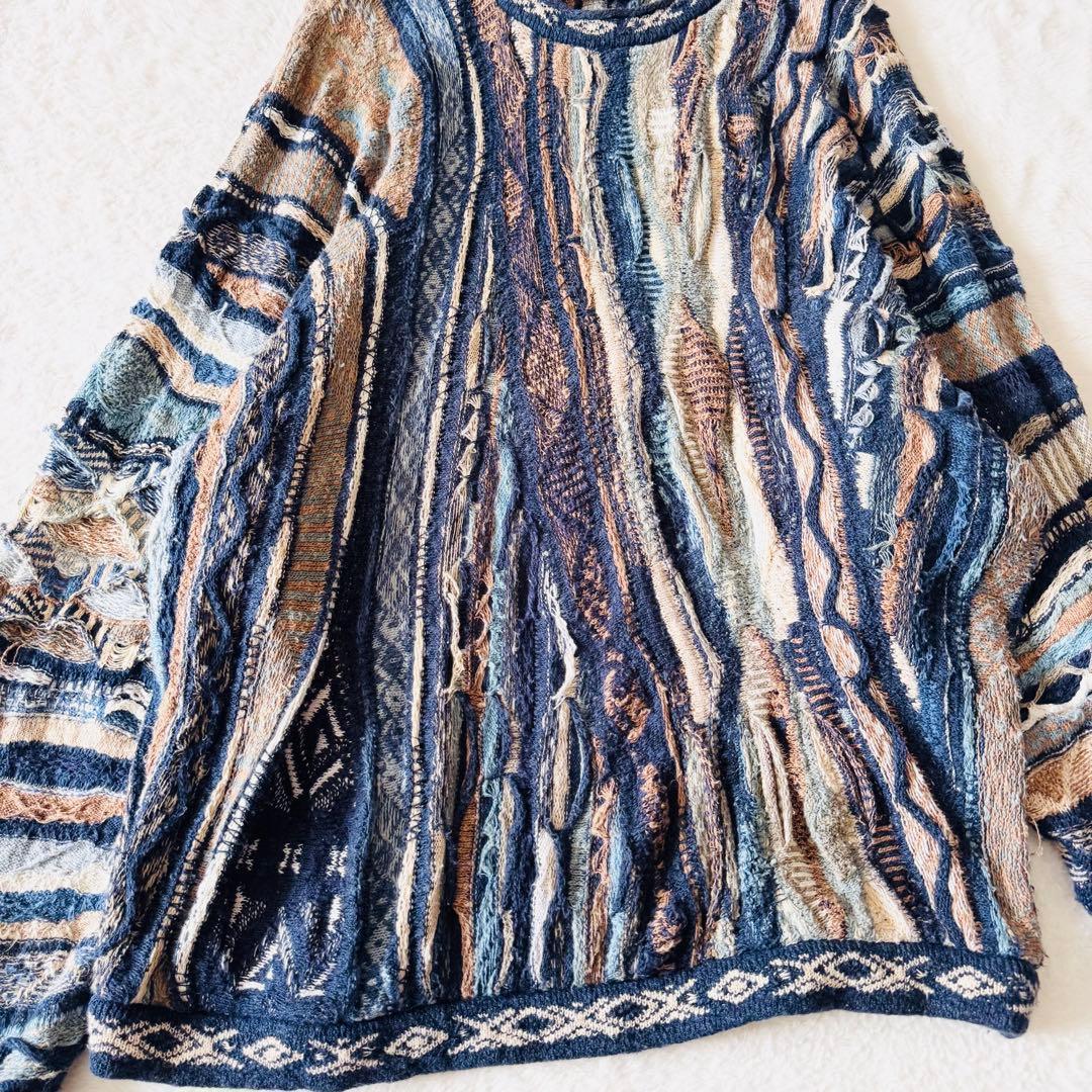 5568 希少✨ クージー 3Dニット セーター ブルー系 立体 リネン L