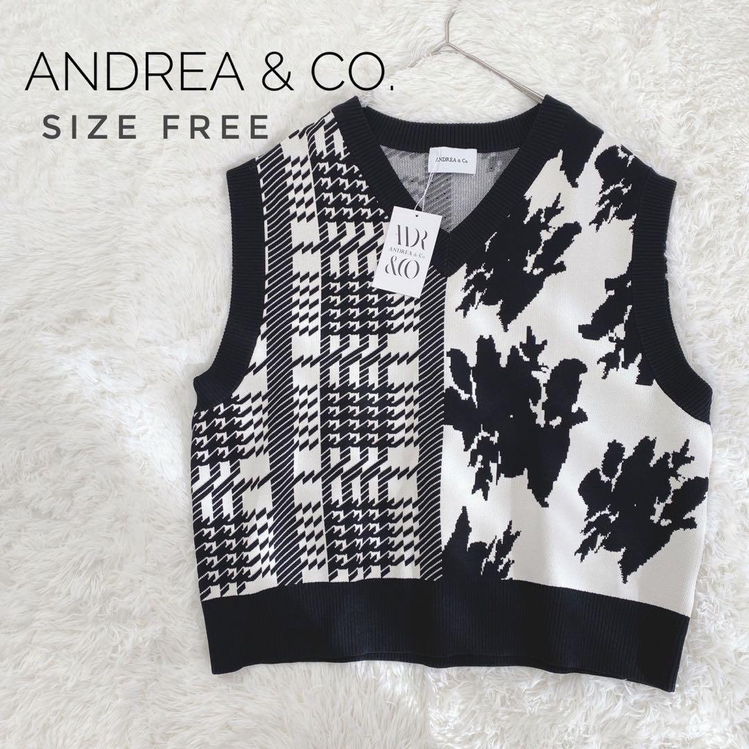 新品タグ付／極美品ANDREA & CO. 千鳥柄x花柄　ニットベスト
