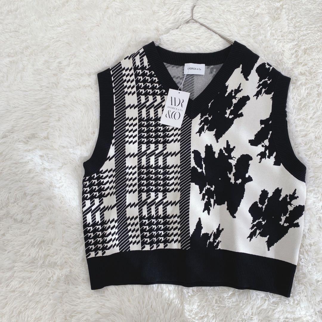 新品タグ付／極美品ANDREA & CO. 千鳥柄x花柄　ニットベスト