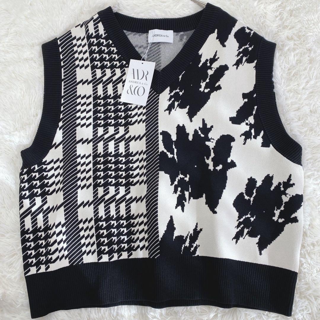 新品タグ付／極美品ANDREA & CO. 千鳥柄x花柄　ニットベスト