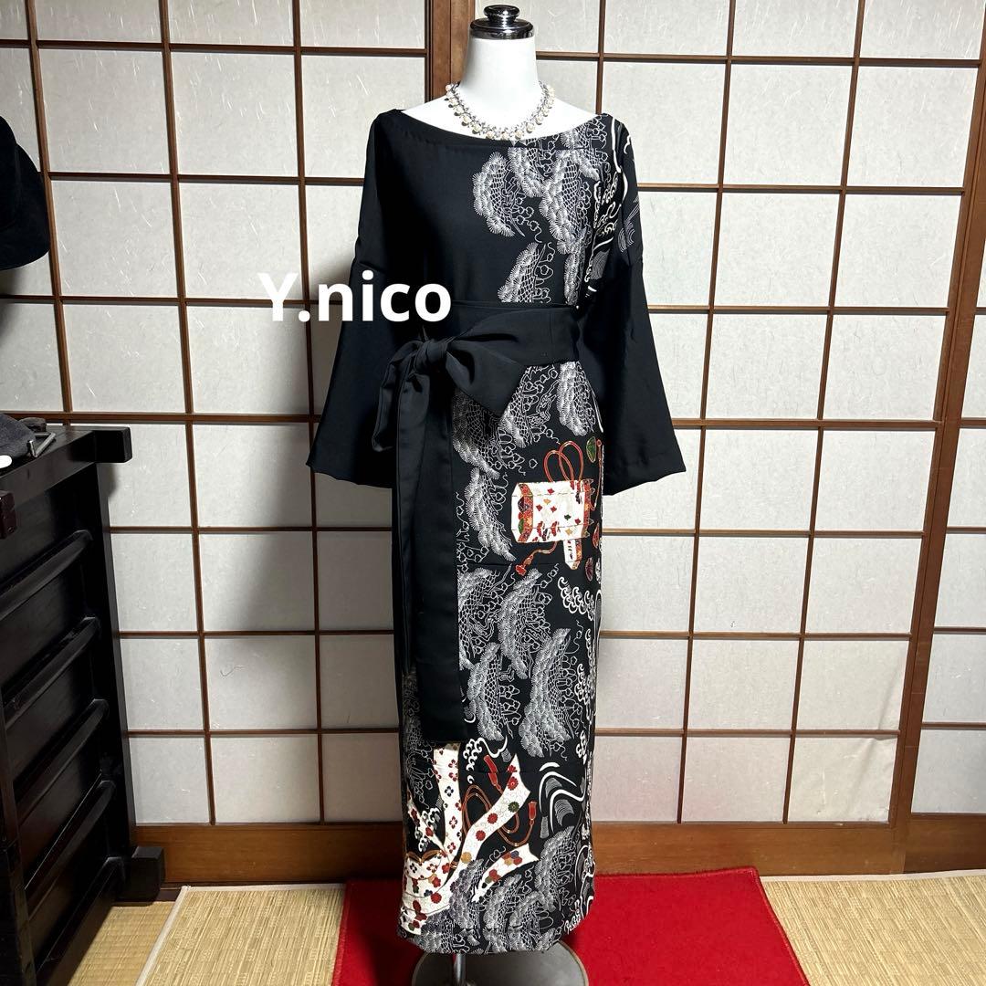 LL 着物リメイク 正絹 黒留袖 シンプルゆったりワンピース