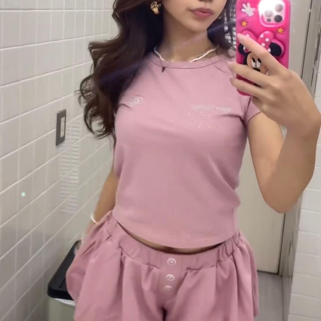 HTH glitter cropped tee ピンク