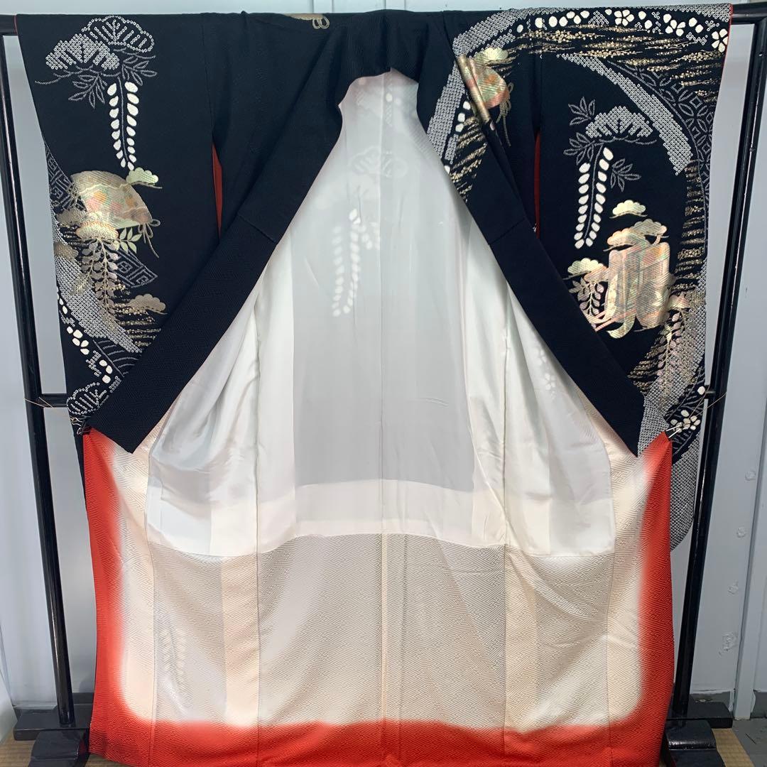 D14 正絹 振袖 絞り 御所車 扇 ブラック系 着物