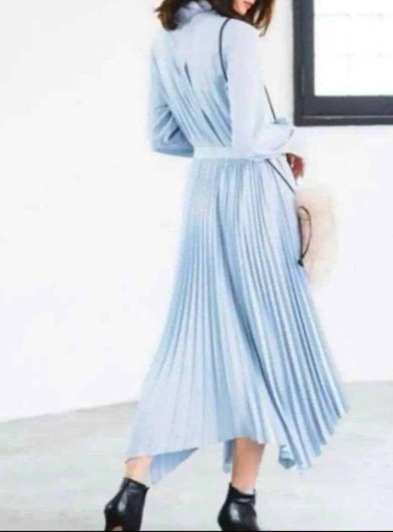 アナイ　ライトブルー プリーツ 長袖シャツワンピース　M 38