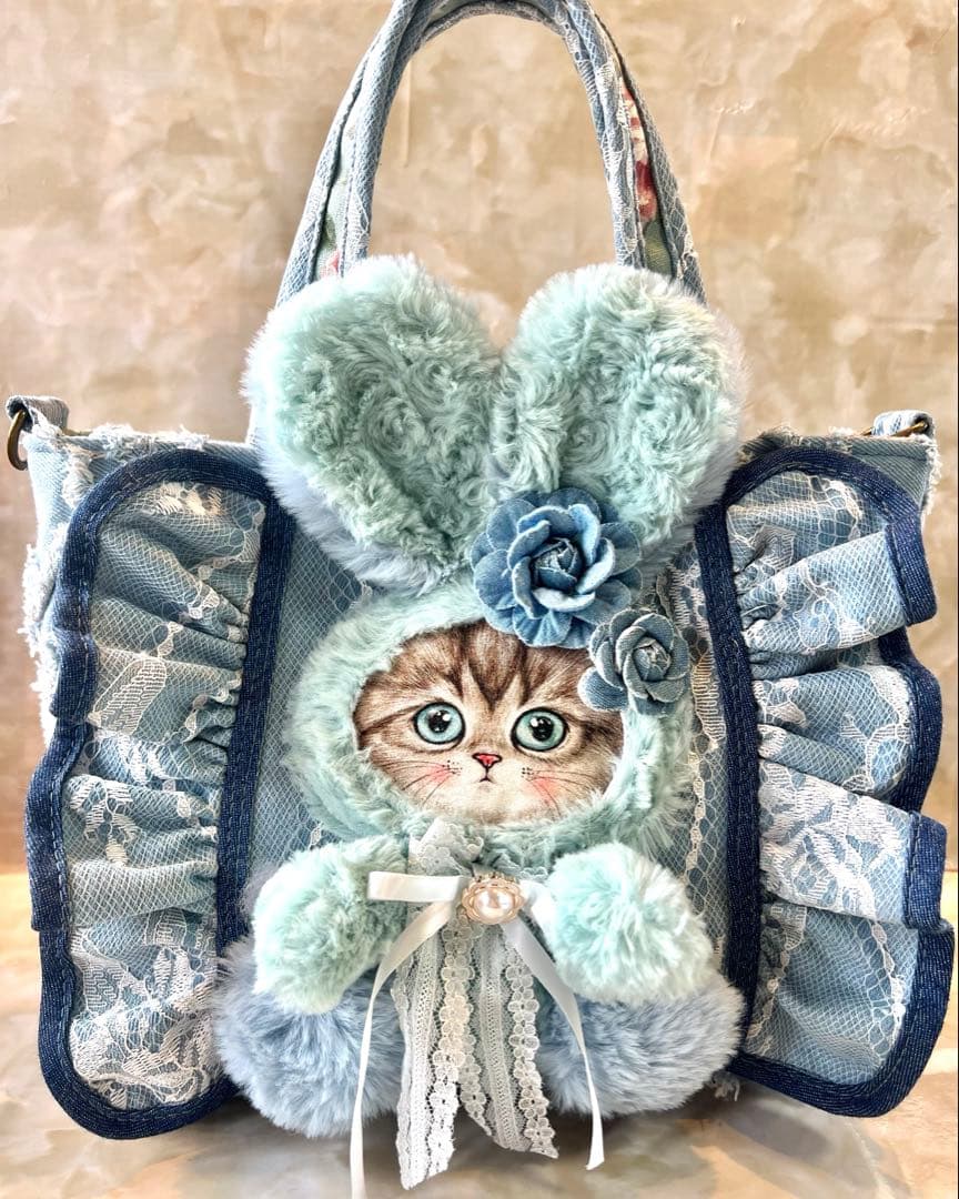 コヤンイサムチョン　レースデニム×ふわふわフリンジデニム　フリルバッグ