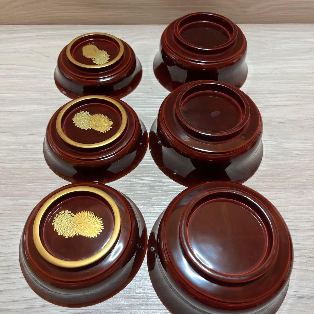 木製漆器 時代輪島塗 菊桐唐草 金蒔絵 溜塗 内黒塗 椀三客 天然木