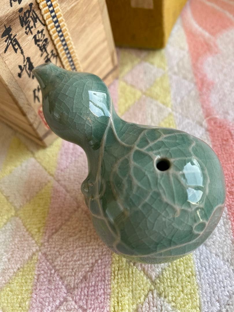 青磁瓢箪形水滴　青峰　書道　木箱入　水滴