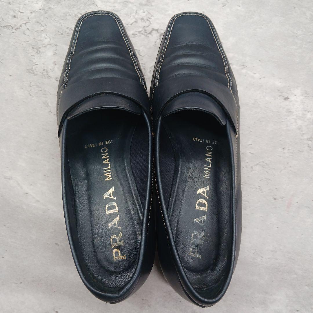 美品 プラダ レディース スクウェアトゥ レザー ローファー 36.5 ブラック
