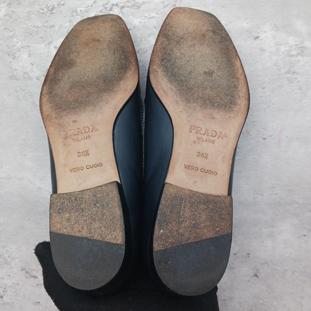 美品 プラダ レディース スクウェアトゥ レザー ローファー 36.5 ブラック