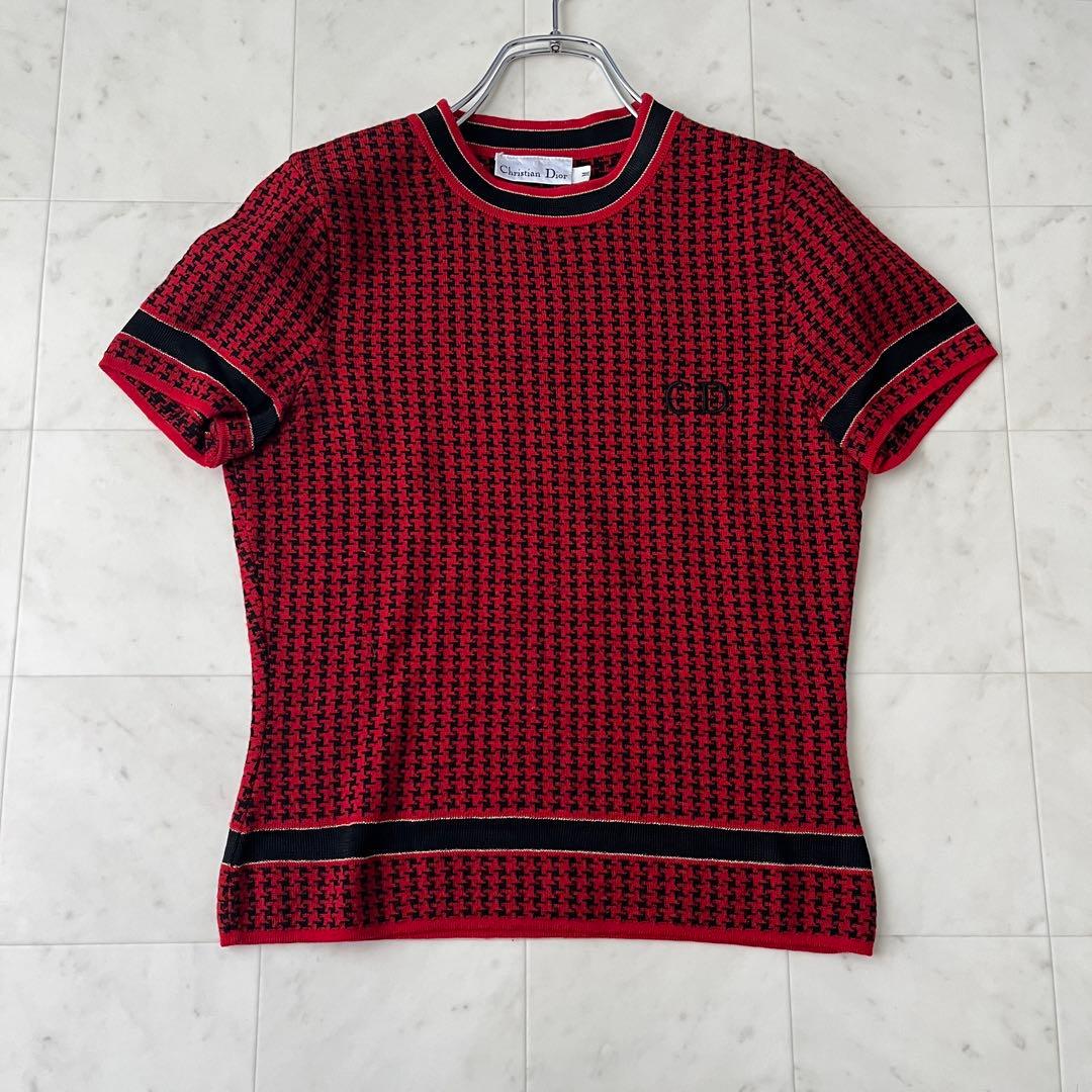 美品♡クリスチャンディオール ロゴ刺繍 千鳥格子 アンサンブル M レッド