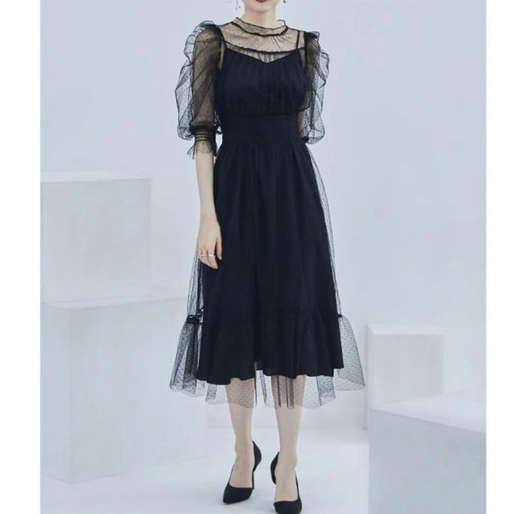 【靴とセット】etoll. ドットチュールレイヤードドレスワンピースとamel靴