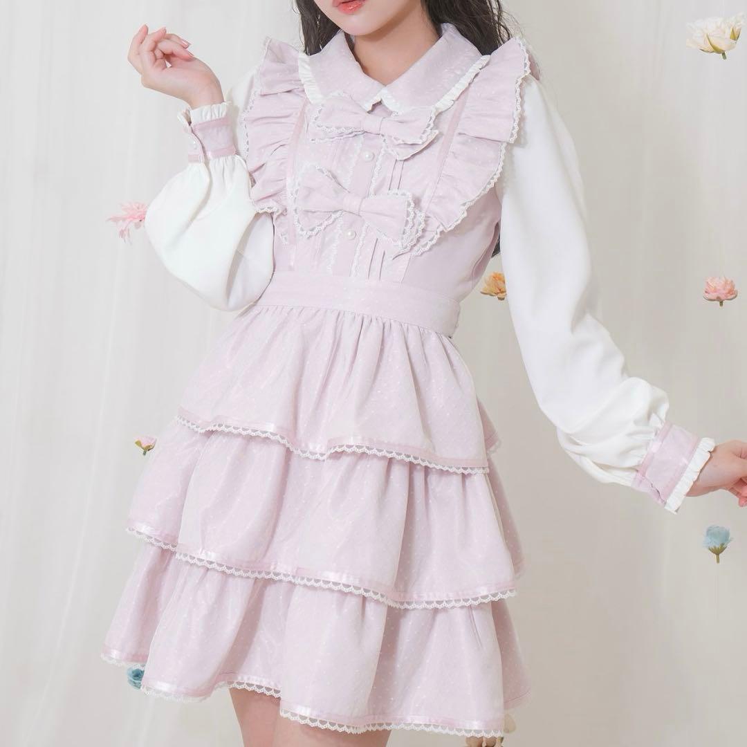 Honey Cinnamon リボン付きドットチュールワンピース ピンク 量産型