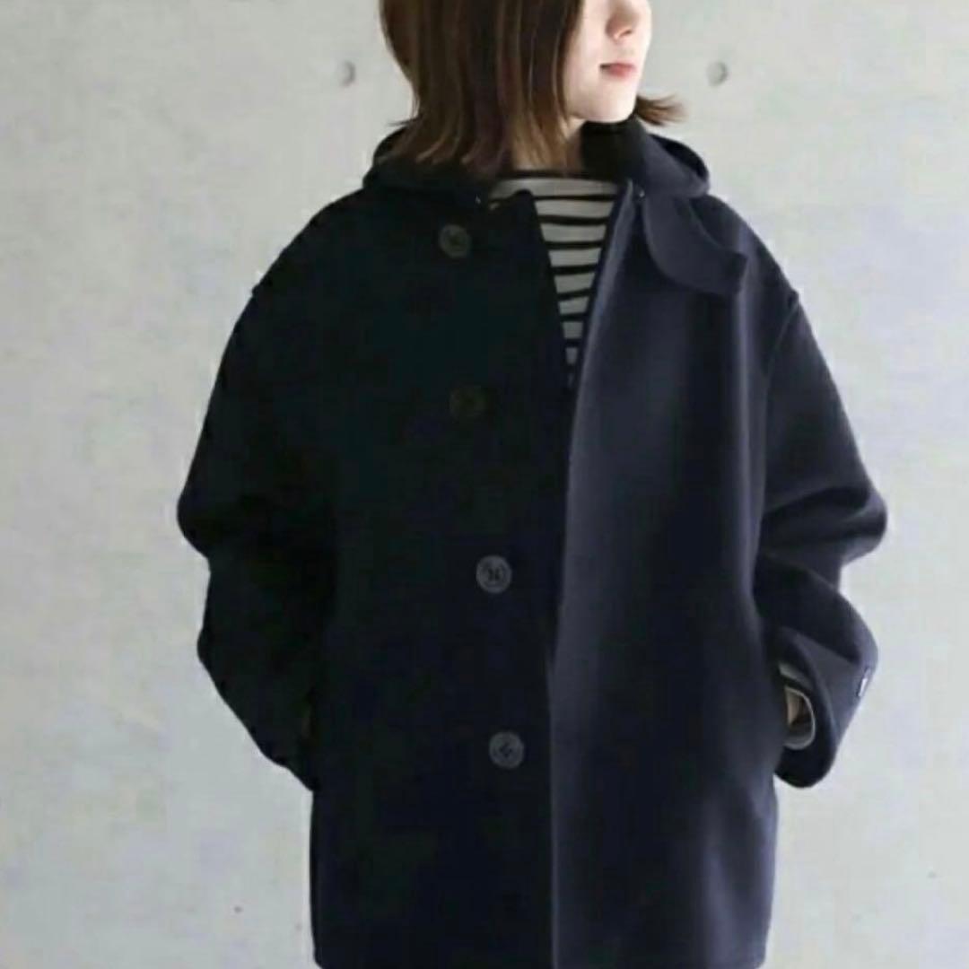 美品✨ オーシバル フード付き ウールメルトンコート ピーコート 2way 紺