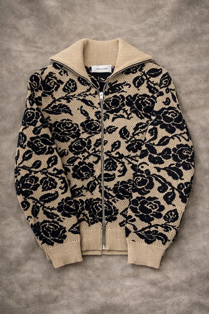 ERNEST W. BAKER ローズ柄 ジップニット カーディガン