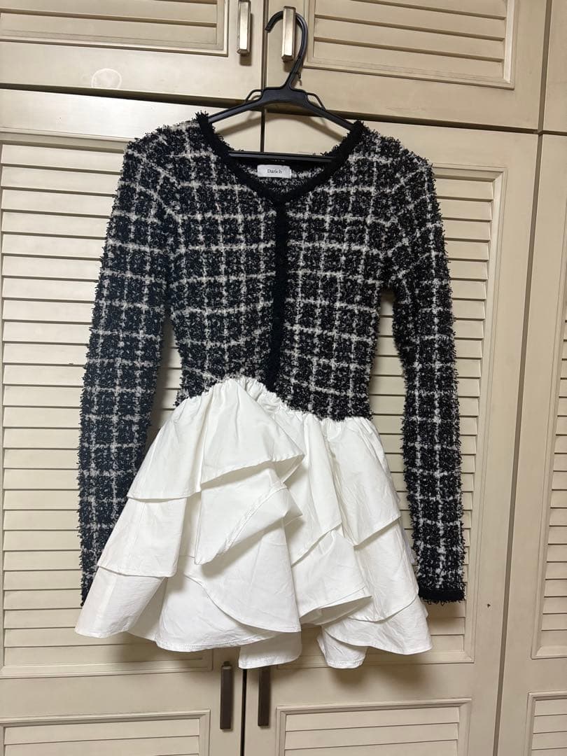 Darich ダーリッチ　ボリュームフリルツイードニットミニワンピース　ブラック