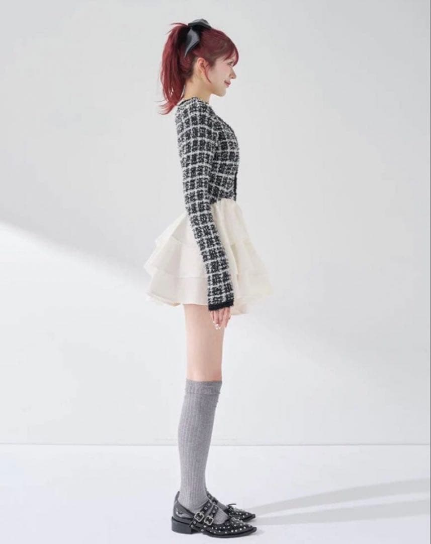 Darich ダーリッチ　ボリュームフリルツイードニットミニワンピース　ブラック