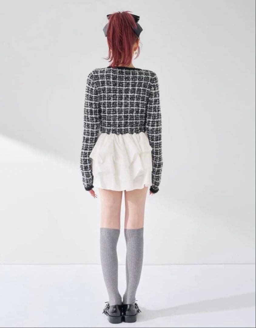 Darich ダーリッチ　ボリュームフリルツイードニットミニワンピース　ブラック