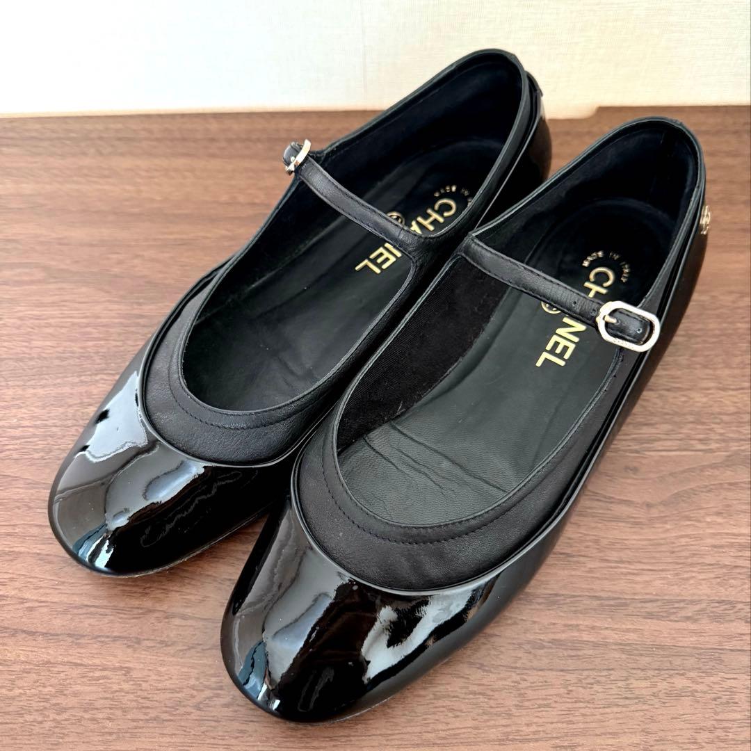 美品 CHANEL シャネル ストラップシューズ バレエシューズ ブラック 39