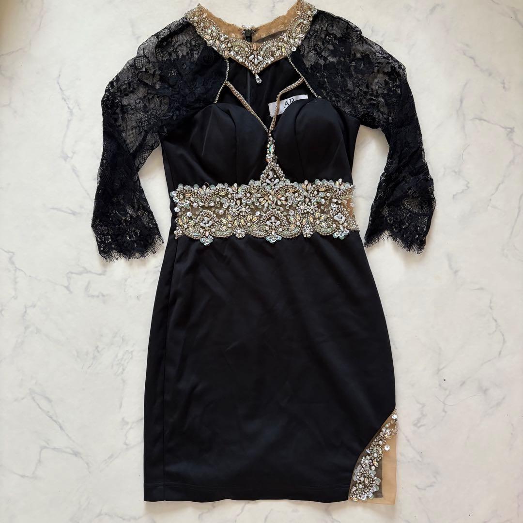レース袖ビーズ装飾タイトドレス ブラック