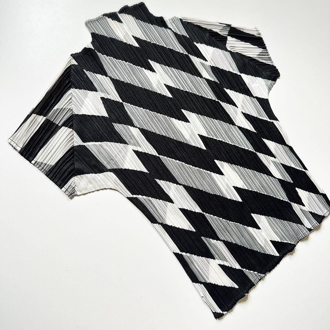 美品 プリーツプリーズ ブラウス プルオーバー 幾何学 モノトーン