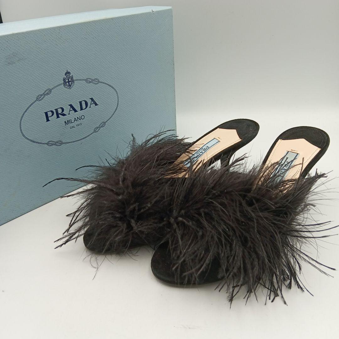 M613B プラダ フェザーファー ミュール 35 約22.5cm ブラック
