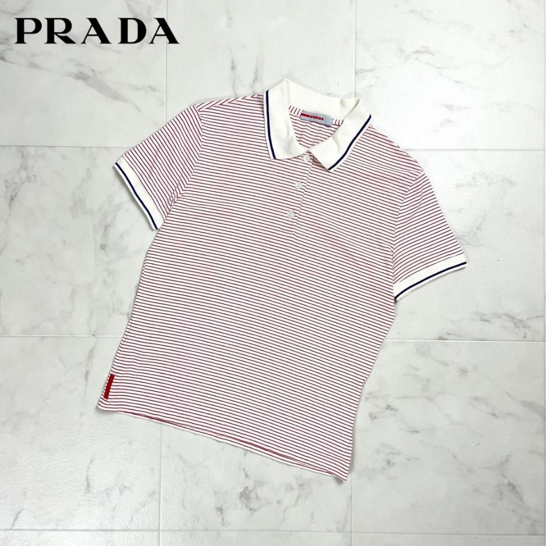 美品 PRADA ボーダー半袖ポロシャツ レッド サイズL*ED203