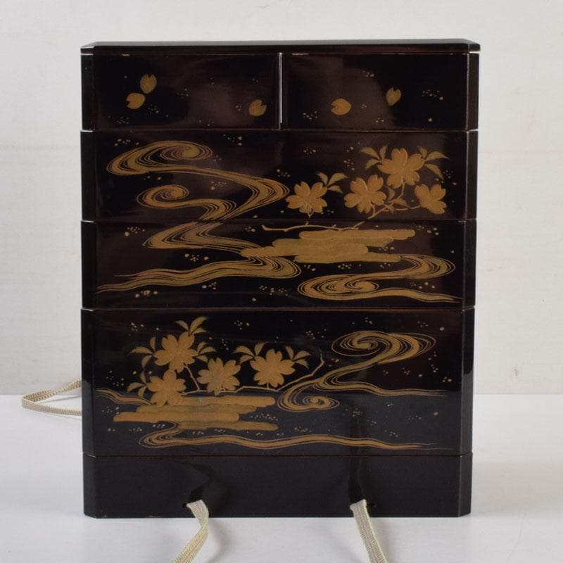 茶道具　黒漆　花草蒔絵　五段重箱　共箱　C　9121