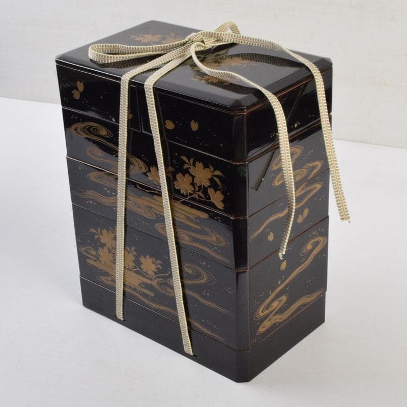 茶道具　黒漆　花草蒔絵　五段重箱　共箱　C　9121