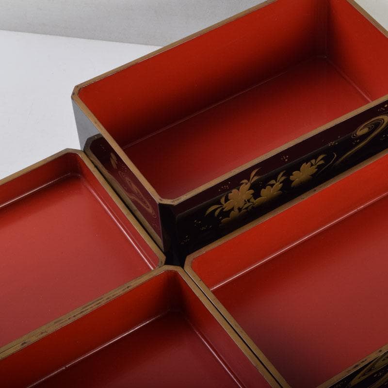 茶道具　黒漆　花草蒔絵　五段重箱　共箱　C　9121