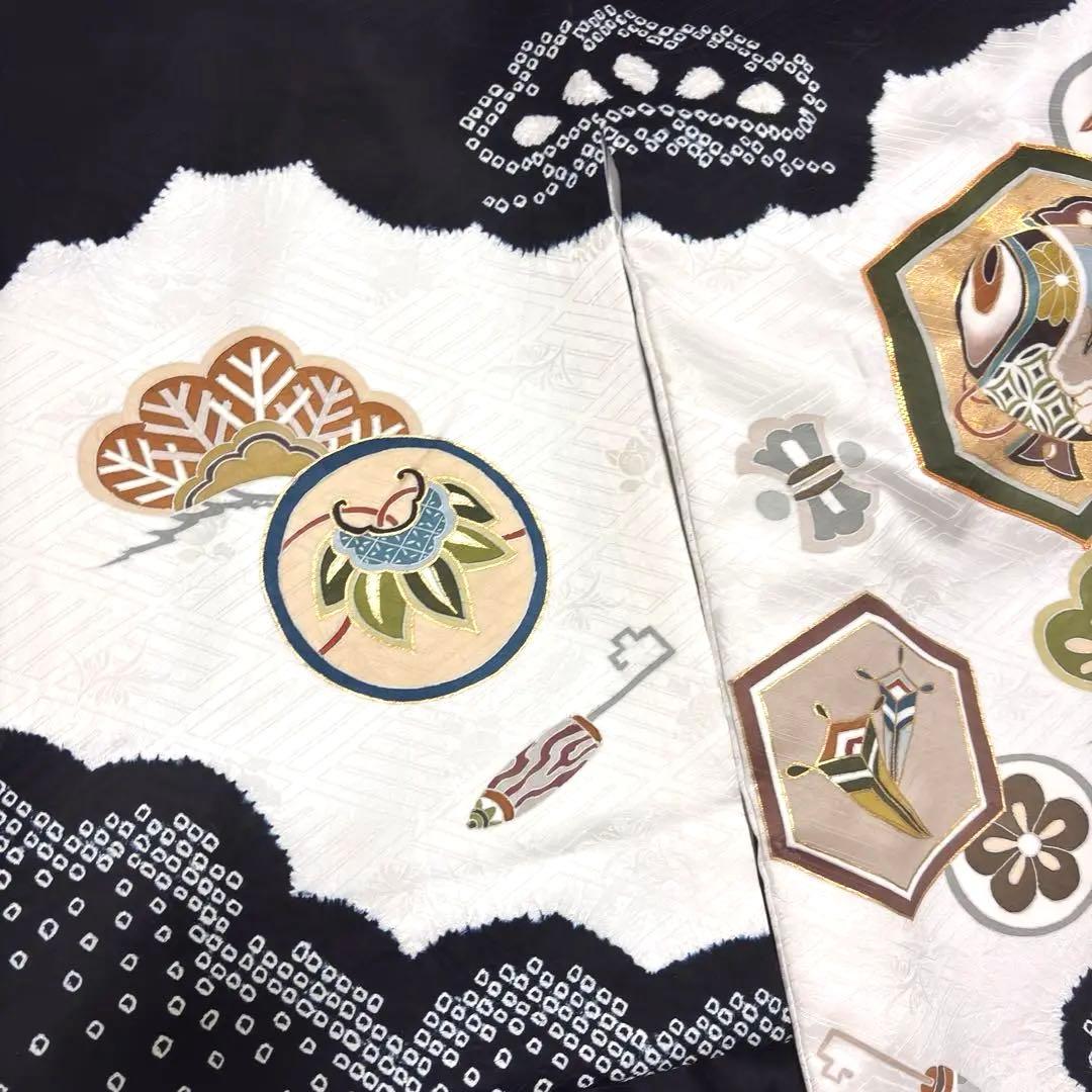 【新品】手書き京友禅 本絞り 金駒刺繍 お宮参り 産着 本金箔 長襦袢付 黒