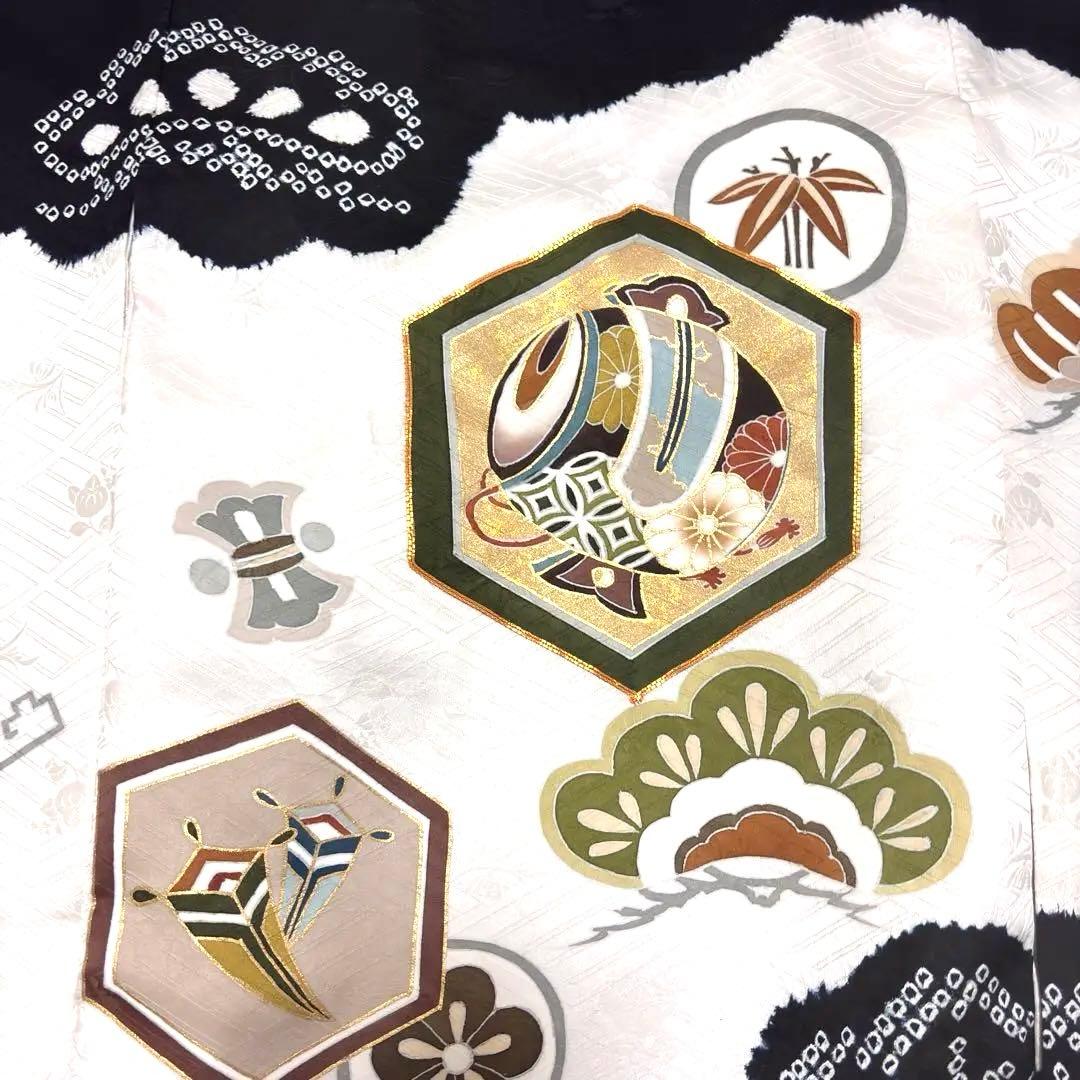 【新品】手書き京友禅 本絞り 金駒刺繍 お宮参り 産着 本金箔 長襦袢付 黒