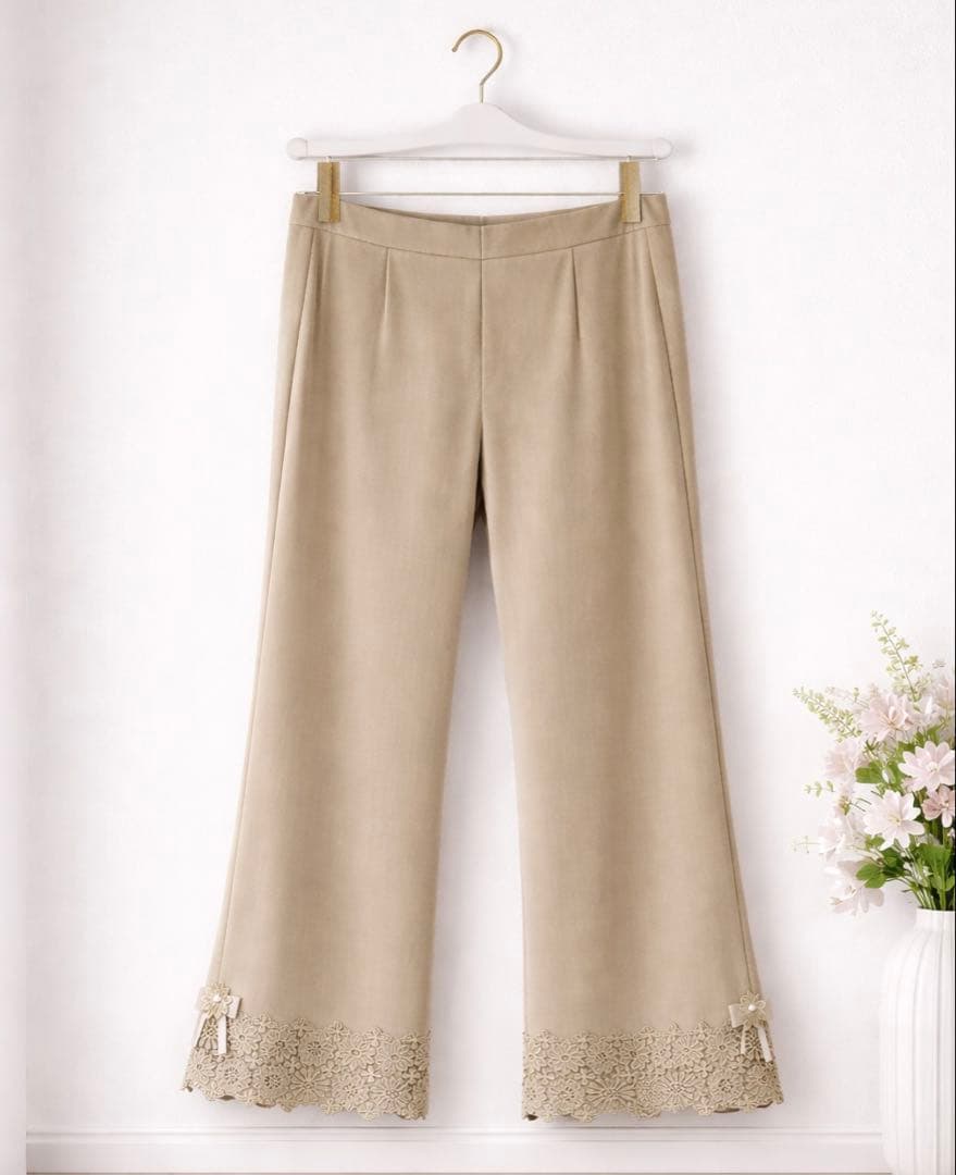 2025AWスーパービューティー裾レース×リボン使い　裏起毛パンツ 44