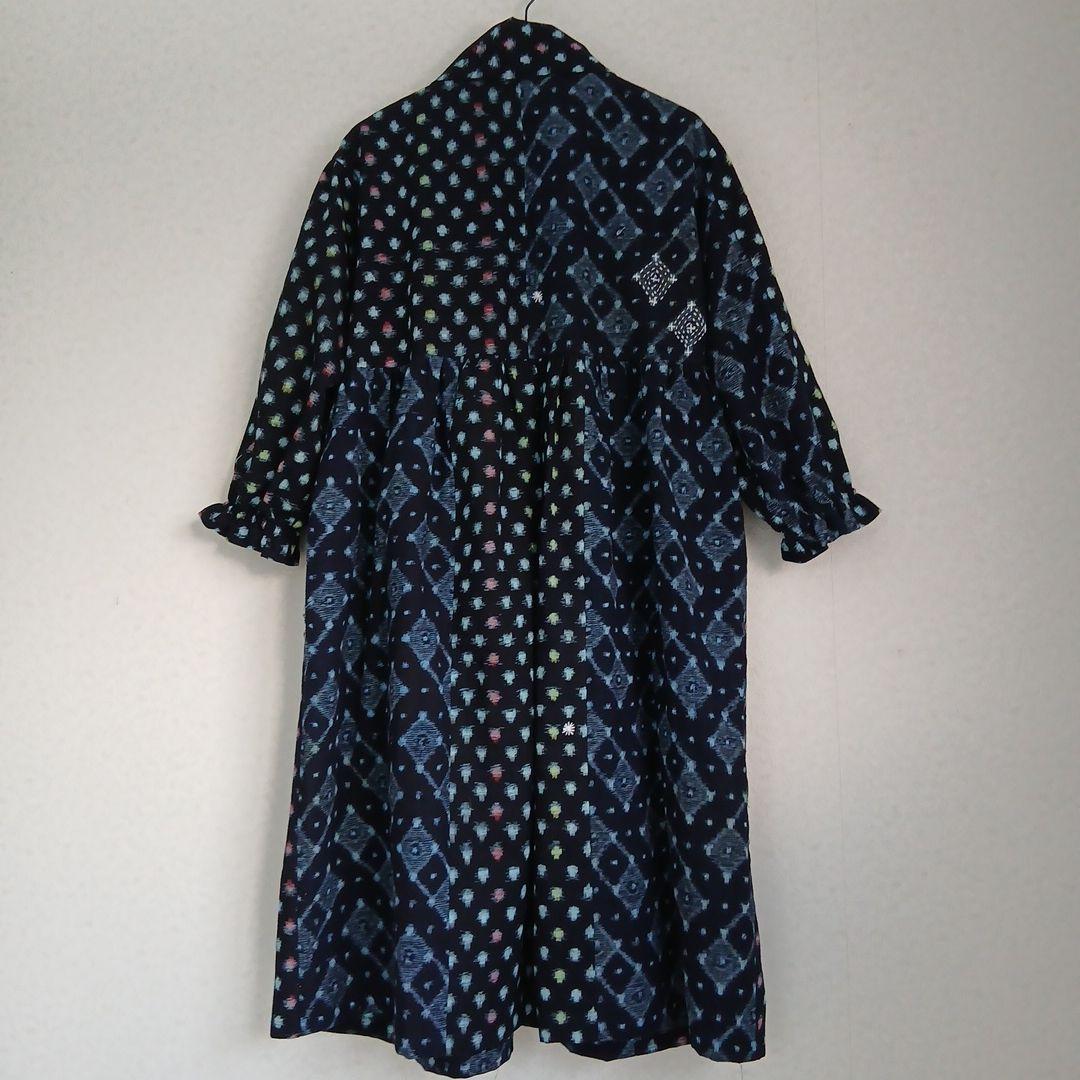 絣ロングワンピース(衿取り外しできる)(コート兼用)