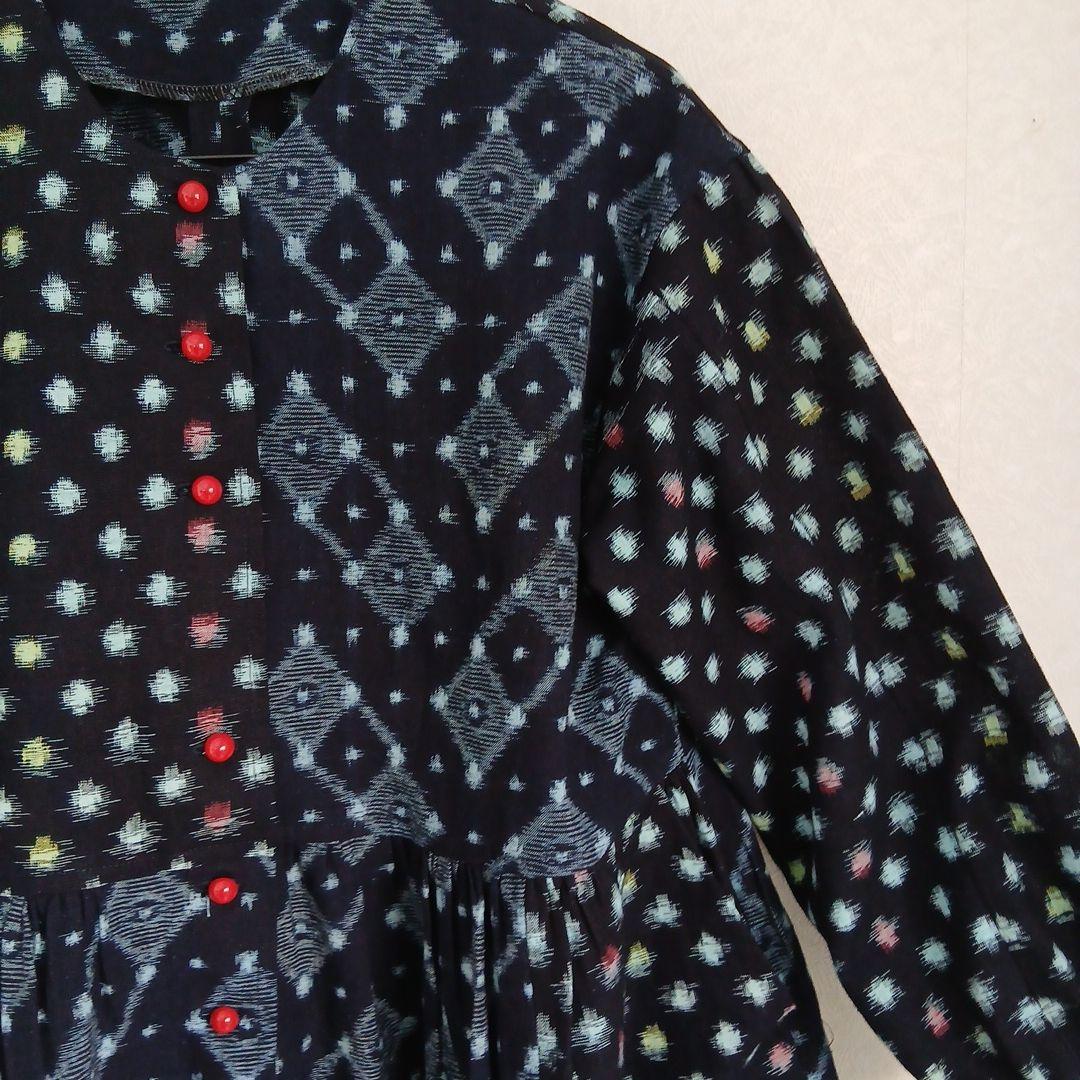 絣ロングワンピース(衿取り外しできる)(コート兼用)